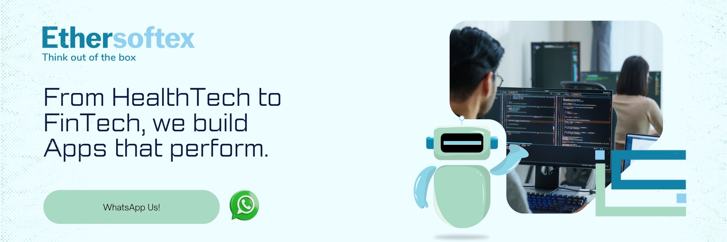 Development team working on custom software and mobile apps with robot mascot and screen code interface