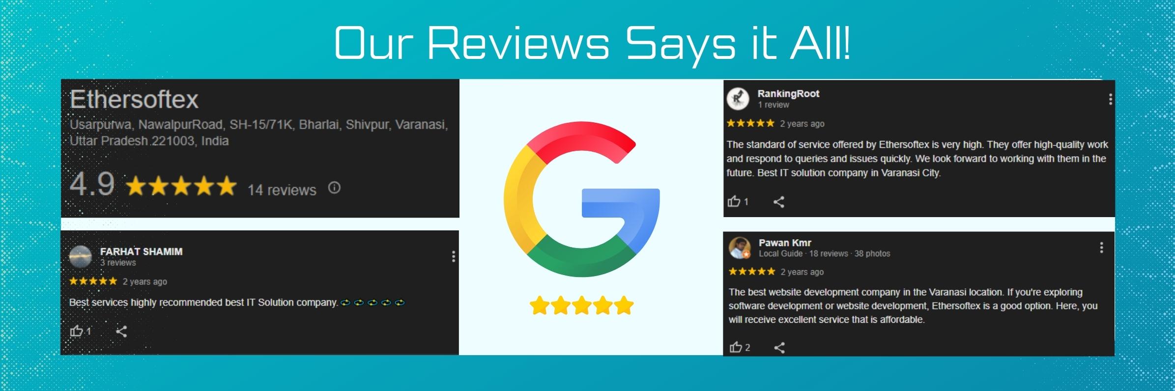 Ethersoftex Google reviews 4.9 stars — trusted digital marketing agency and software development companay in Lucknow, Varanasi, Hyderabad & Pan India