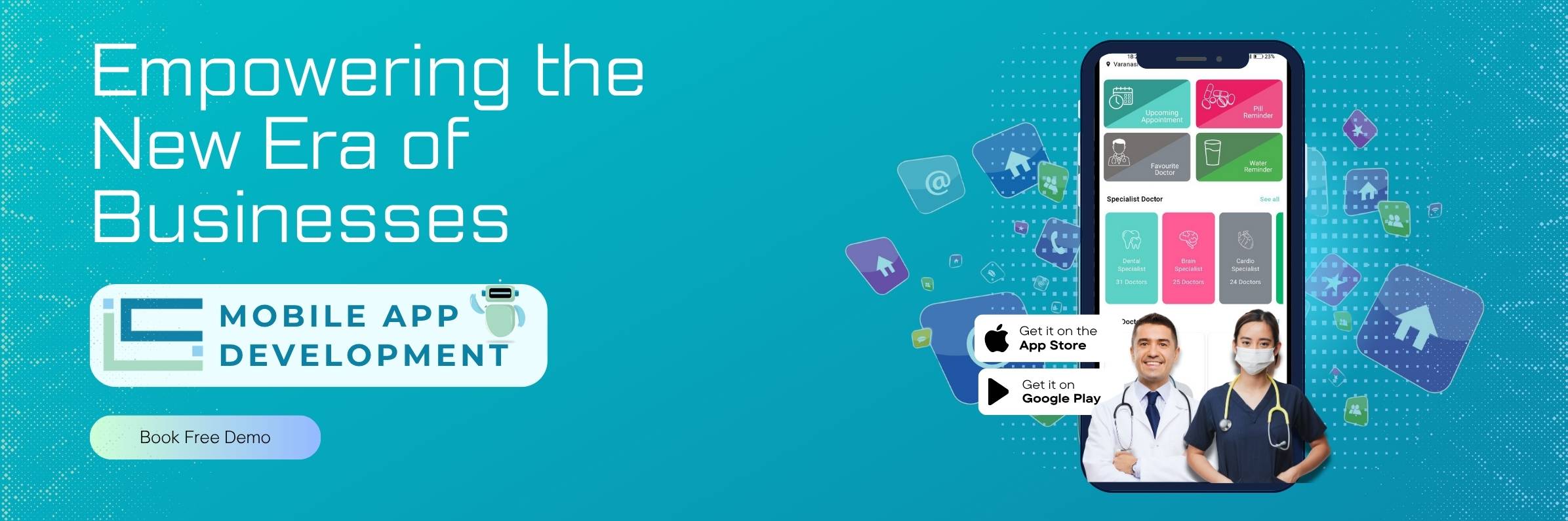 Mobile app development banner showcasing Ethersoftex healthcare UI with doctors and iOS/Android download buttons