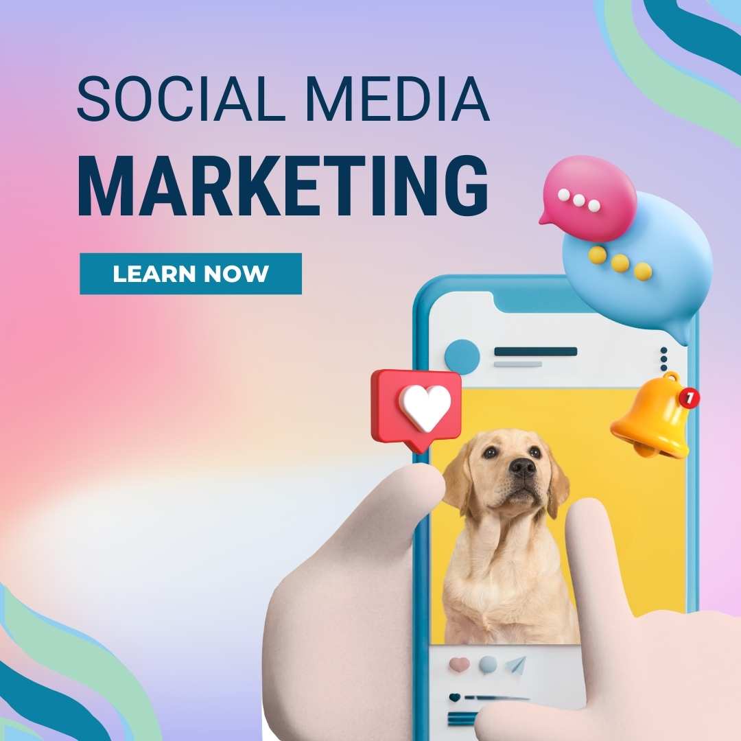 Smartphone screen showing a dog photo with social media icons, promoting social media marketing services.