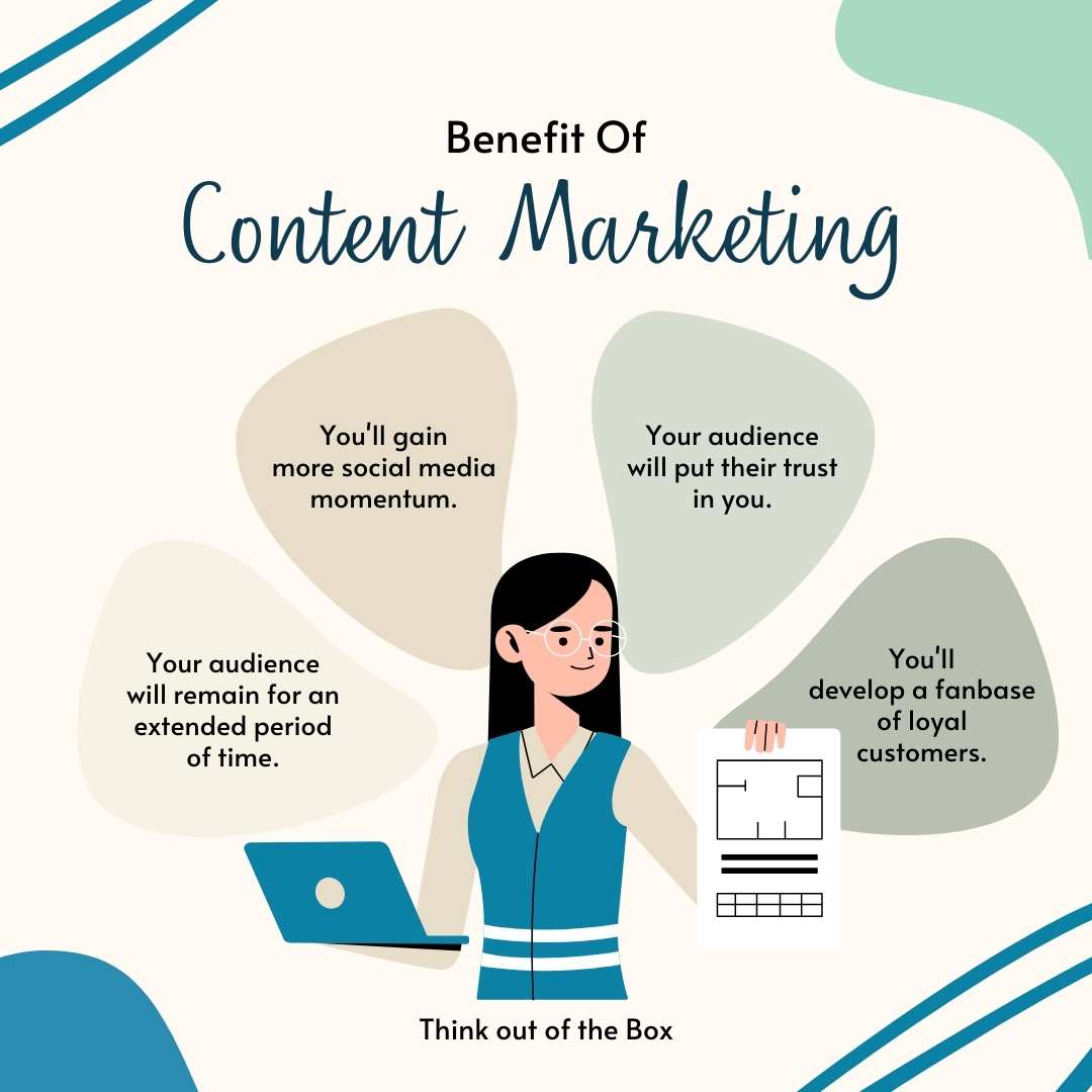 Diagram illustrating the key benefits of content marketing for businesses: trust, loyalty, social media growth, and audience engagement.